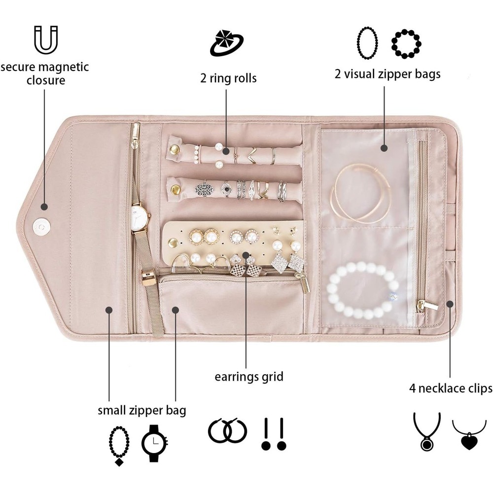 BAGSMART Quilted Travel Jewelry Organizer Case Soft Pink Magnetic‎ Closure NWT - Picture 8 of 9
